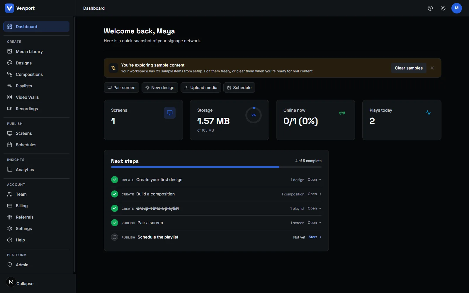 The Vewport dashboard — a sample workspace